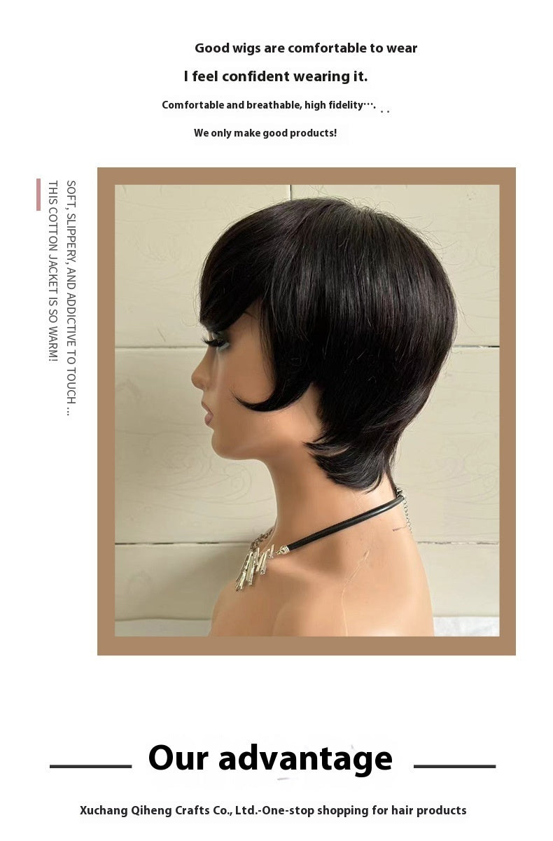 Short Straight Wig Women's Short Hair Head Cover Real Human Hair