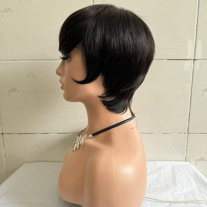 Short Straight Wig Women's Short Hair Head Cover Real Human Hair