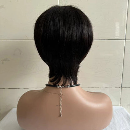 Short Straight Wig Women's Short Hair Head Cover Real Human Hair