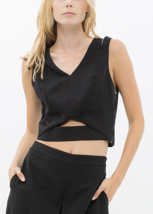 V-Neck Sleeveless Cropped Top In Black